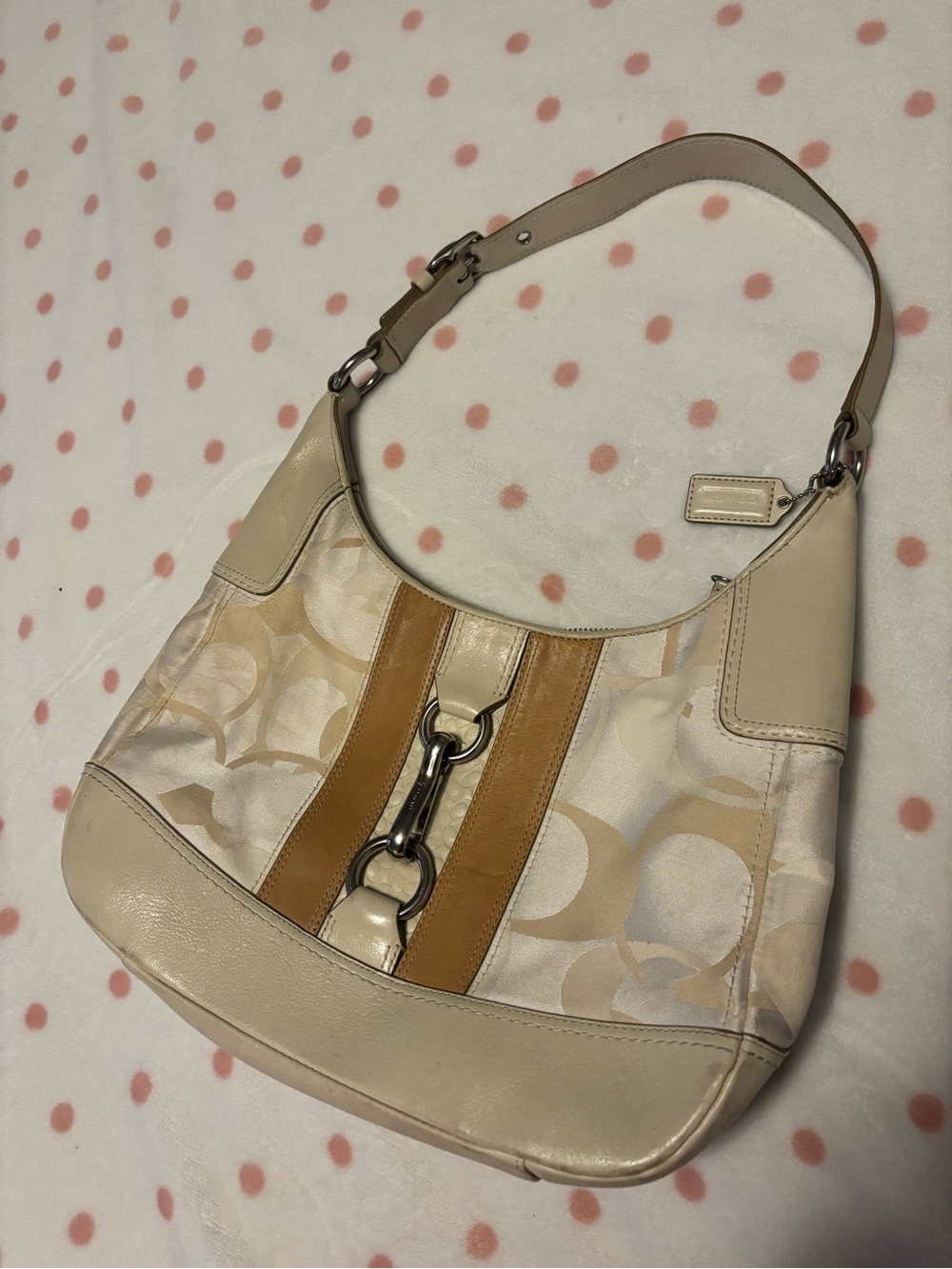 Coach Cream & Tan Shoulder Bag with Silver Hardware